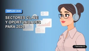 Ilustración vectorial plana de una mujer profesional chilena con blusa azul, mirando datos de empleo futuro en pantalla flotante, fondo degradado azul y gris.