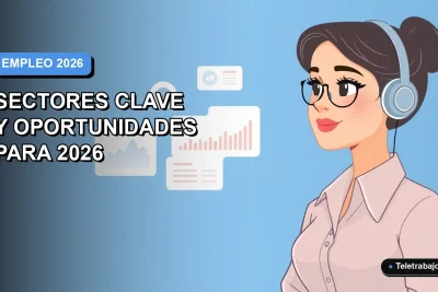 Ilustración vectorial plana de una mujer profesional chilena con blusa azul, mirando datos de empleo futuro en pantalla flotante, fondo degradado azul y gris.