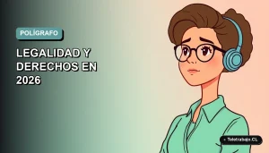 Ilustración plana corporativa de una trabajadora remota con expresión seria, sobre fondo degradado azul verdoso, representando el tema de pruebas de polígrafo en empresas.