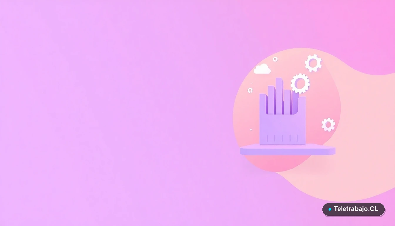 Ilustración abstracta de interfaz de usuario con gráficos y iconos flotantes en tonos lavanda y durazno, sobre fondo degradado, concepto de tecnología y evaluación corporativa.