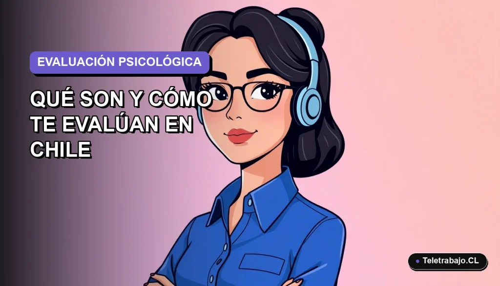 Ilustración plana corporativa de una mujer profesional chilena con blusa azul, evaluada con pruebas proyectivas en recursos humanos, fondo degradado lavanda.