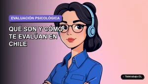 Ilustración plana corporativa de una mujer profesional chilena con blusa azul, evaluada con pruebas proyectivas en recursos humanos, fondo degradado lavanda.