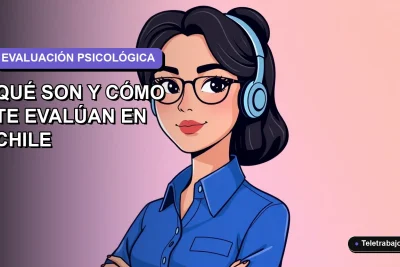 Ilustración plana corporativa de una mujer profesional chilena con blusa azul, evaluada con pruebas proyectivas en recursos humanos, fondo degradado lavanda.