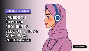 Ilustración plana corporativa de una mujer profesional latina con velo, en un fondo degradado lavanda, sobre derechos laborales y libertad religiosa en Chile.