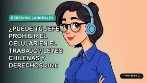 Ilustración plana corporativa de una mujer profesional chilena con blusa azul, sobre fondo degradado verde azulado, representando derechos laborales y regulación del celular en la oficina.