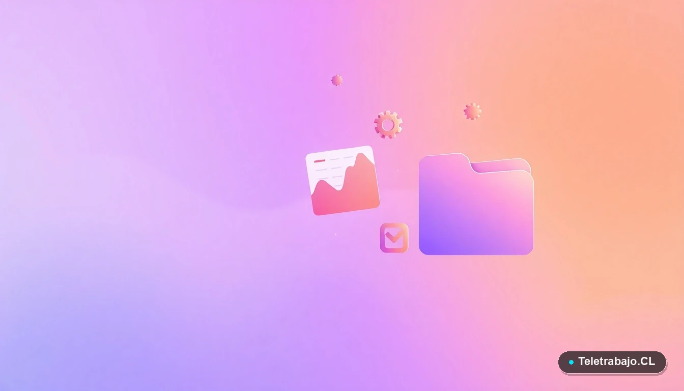 Composición abstracta de interfaz de usuario con gráficos flotantes, un engranaje y carpetas estilizadas en colores lavanda y durazno, sobre fondo degradado.