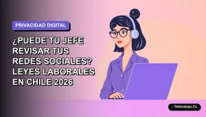 Ilustración vectorial plana de una mujer profesional con laptop, sobre fondo degradado lavanda, representando leyes de privacidad digital en el trabajo.