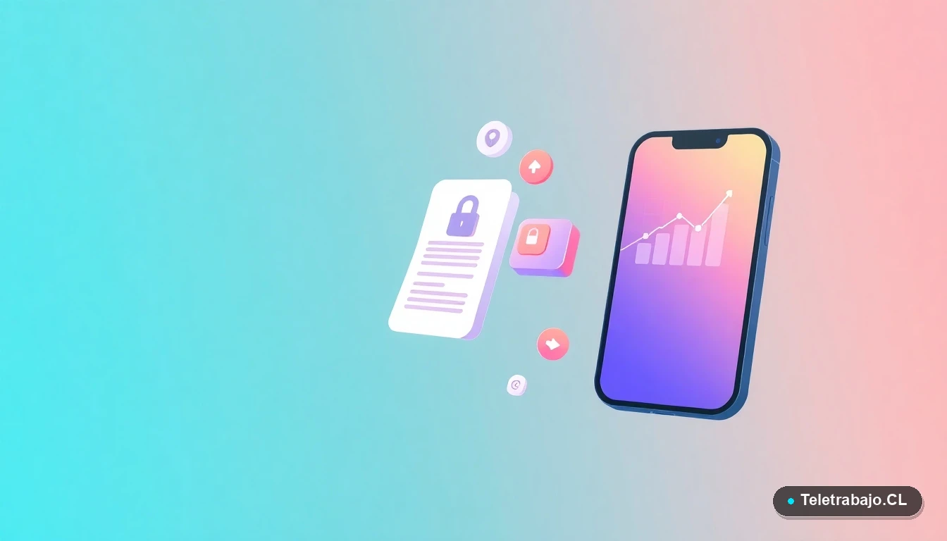 Composición abstracta de interfaz de usuario con iconos de escudo, candado y gráficos, sobre fondo degradado azul verdoso, simbolizando seguridad de datos y políticas laborales.