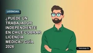 Ilustración vectorial plana de un trabajador independiente con licencia médica en Chile, estilo Corporativo Memphis, fondo degradado azul verdoso.