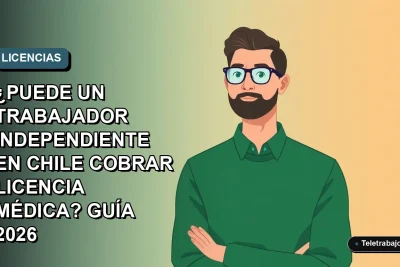 Ilustración vectorial plana de un trabajador independiente con licencia médica en Chile, estilo Corporativo Memphis, fondo degradado azul verdoso.