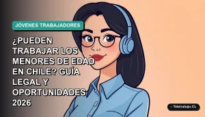 Ilustración plana corporativa de una joven trabajadora remota con blusa azul, sobre fondo degradado verde azulado. Representa oportunidades laborales para menores en Chile.