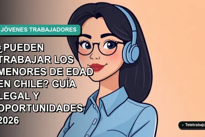 Ilustración plana corporativa de una joven trabajadora remota con blusa azul, sobre fondo degradado verde azulado. Representa oportunidades laborales para menores en Chile.