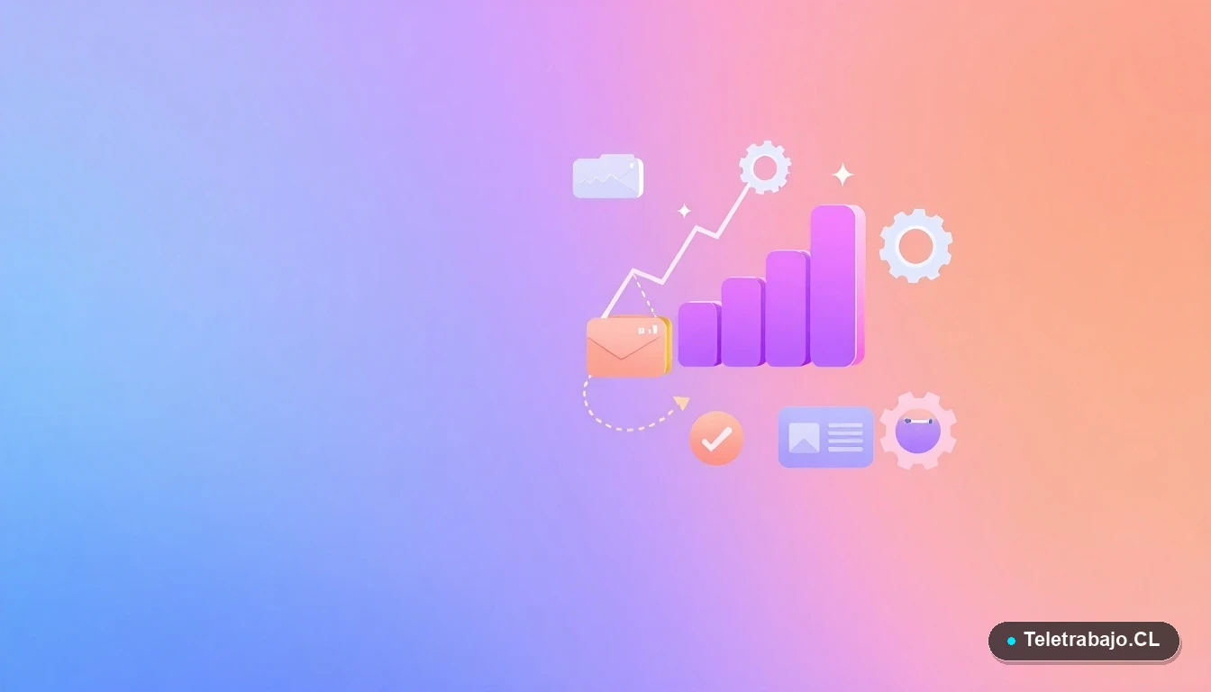 Composición abstracta de interfaz de usuario con gráficos, engranajes y carpetas flotantes en tonos lavanda y durazno, sobre fondo degradado. Concepto de tecnología y oportunidades laborales.