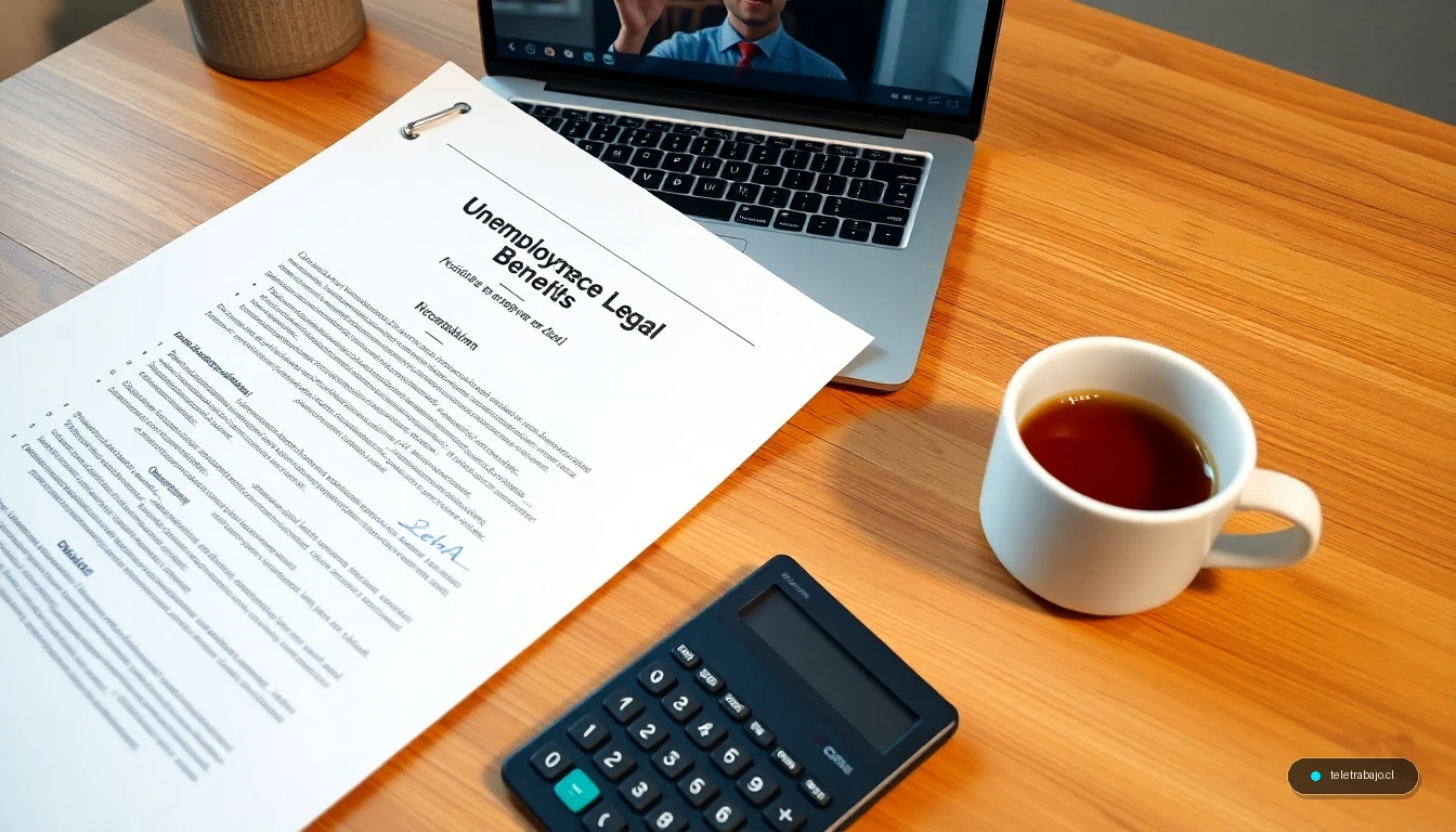 Documento legal sobre prestación por desempleo junto a ordenador portátil mostrando teletrabajo, simbolizando la compatibilidad laboral.