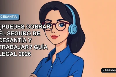 Ilustración plana corporativa de una trabajadora chilena con blusa azul y lentes, sobre fondo degradado azul, representando la guía legal sobre cobro de seguro de cesantía mientras se trabaja.