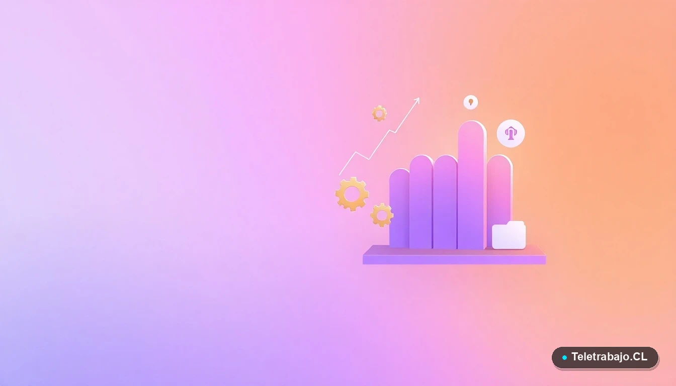 Elementos de interfaz de usuario abstractos y minimalistas, como gráficos y engranajes en tonos lavanda y durazno, sobre fondo degradado, representando conceptos legales y laborales digitales.