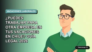 Ilustración vectorial plana de un trabajador masculino de tecnología con suéter verde, sobre un fondo degradado azul verdoso. Representa la duda legal sobre trabajar para otra empresa durante las vacaciones en Chile.