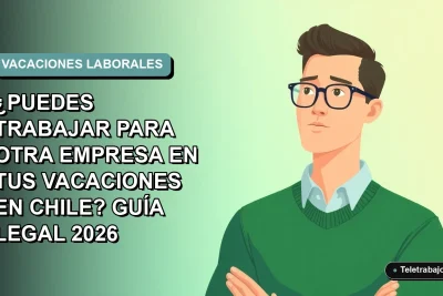 Ilustración vectorial plana de un trabajador masculino de tecnología con suéter verde, sobre un fondo degradado azul verdoso. Representa la duda legal sobre trabajar para otra empresa durante las vacaciones en Chile.