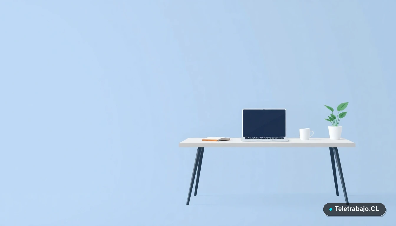 Escritorio moderno minimalista vacío con laptop, cuaderno y taza de café, sobre fondo degradado azul grisáceo. Concepto de espacio de trabajo y regulación legal.