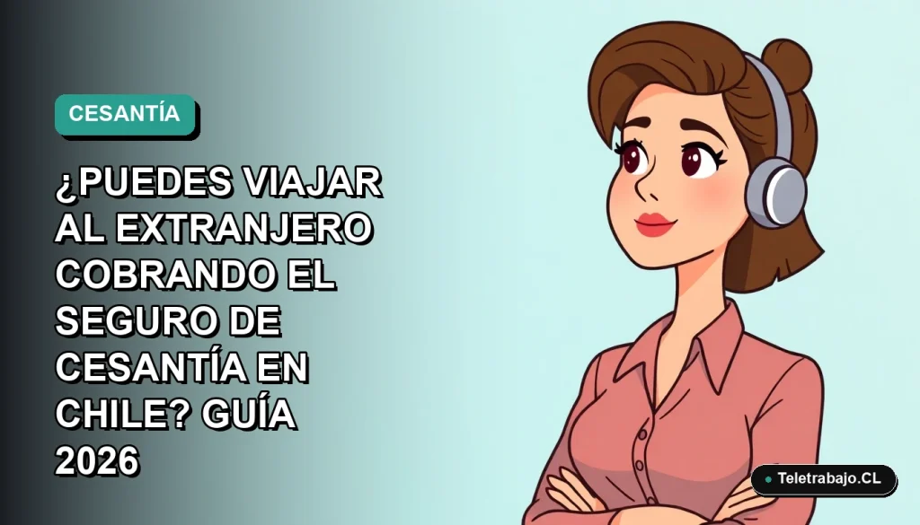 Ilustración plana corporativa de una trabajadora chilena teletrabajando, consultando un pasaporte y documentos legales sobre seguro de cesantía.