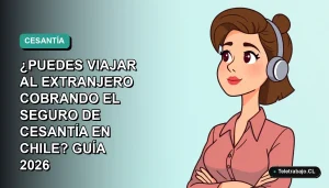 Ilustración plana corporativa de una trabajadora chilena teletrabajando, consultando un pasaporte y documentos legales sobre seguro de cesantía.