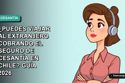 Ilustración plana corporativa de una trabajadora chilena teletrabajando, consultando un pasaporte y documentos legales sobre seguro de cesantía.