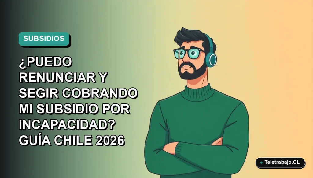 Ilustración plana vectorial de un trabajador masculino con suéter verde mirando pensativo, fondo degradado azul verdoso, concepto de subsidio por incapacidad laboral en Chile.