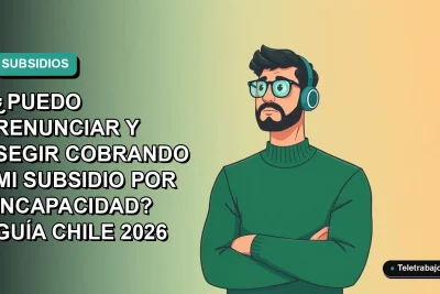 Ilustración plana vectorial de un trabajador masculino con suéter verde mirando pensativo, fondo degradado azul verdoso, concepto de subsidio por incapacidad laboral en Chile.