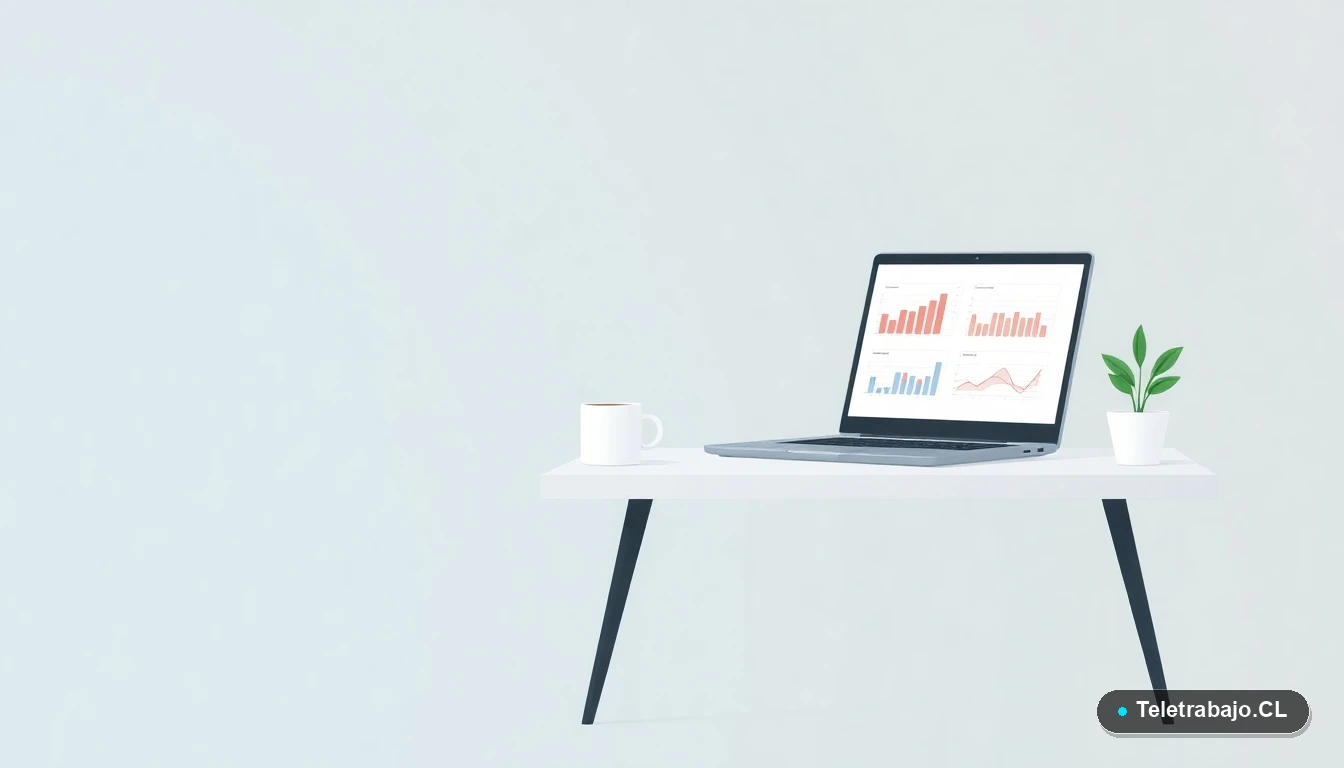 Escritorio moderno minimalista con laptop, gráficos abstractos, taza de café y una planta suculenta, sobre fondo degradado frío, concepto de teletrabajo.