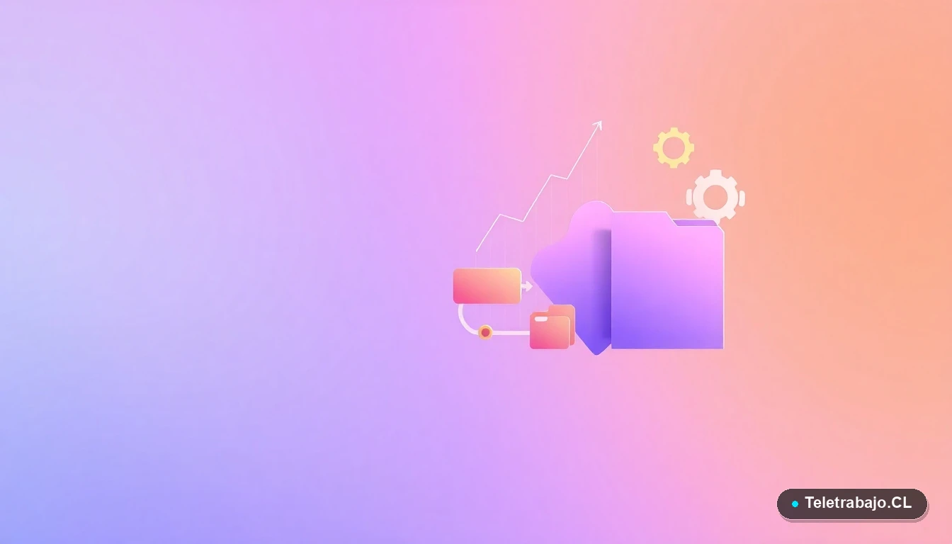 Composición abstracta de interfaz de usuario tecnológica con gráficos y engranajes flotantes en tonos lavanda y durazno, sobre fondo degradado lila, estilo vectorial plano.