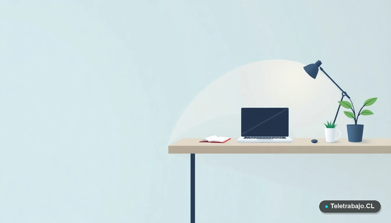 Escritorio moderno minimalista para teletrabajo con laptop, cuaderno, taza de café y planta, ilustración plana sobre fondo degradado frío.