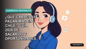 Ilustración vectorial plana de una mujer profesional chilena sonriente, con blusa azul, junto a gráficos abstractos de crecimiento. Fondo degradado verde azulado.