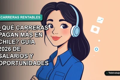 Ilustración vectorial plana de una mujer profesional chilena sonriente, con blusa azul, junto a gráficos abstractos de crecimiento. Fondo degradado verde azulado.