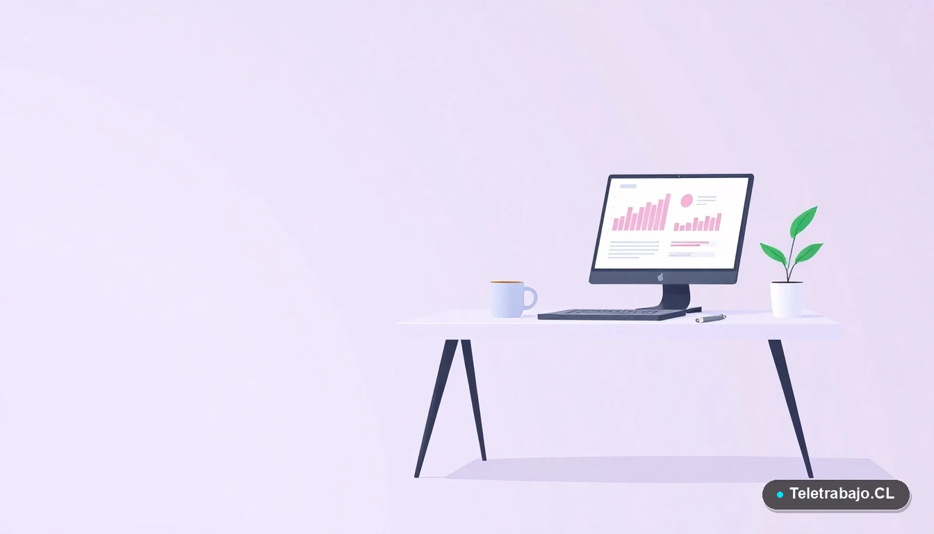 Escritorio moderno minimalista con laptop mostrando gráficos, una planta y una taza de café, sobre fondo degradado lavanda. Ilustración vectorial plana estilo corporativo.