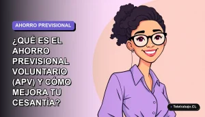 Ilustración plana corporativa de mujer profesional sonriente con fondo degradado lavanda, concepto de ahorro previsional voluntario APV para mejorar la cesantía.