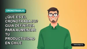 Ilustración vectorial plana de un trabajador remoto masculino con suéter verde, representando el cronotrabajo para aumentar la productividad en Chile.