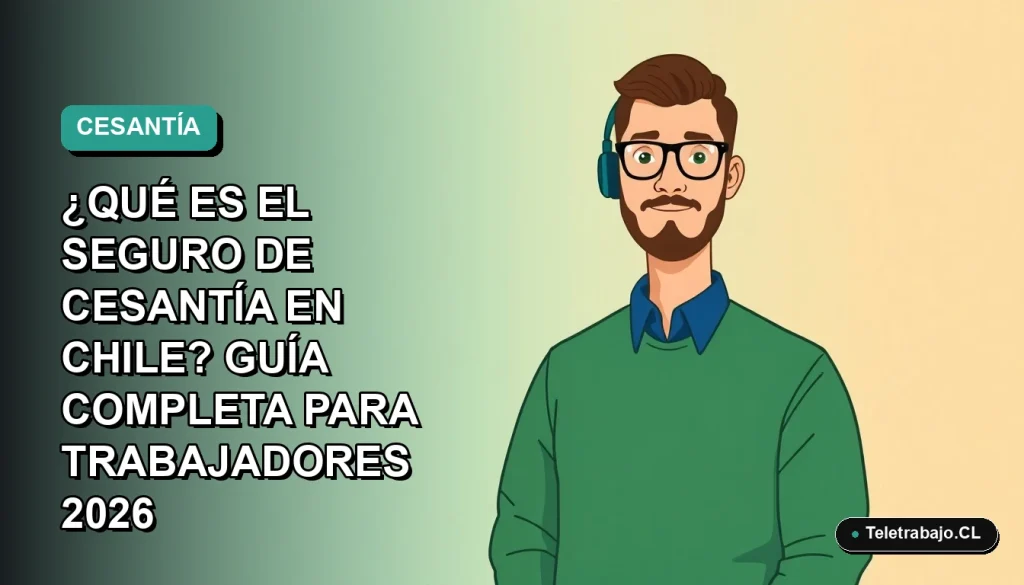 Ilustración plana vectorial de un trabajador chileno con suéter verde y camisa, sobre fondo degradado azul verdoso, explicando el Seguro de Cesantía.