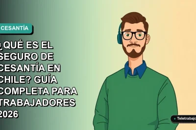 Ilustración plana vectorial de un trabajador chileno con suéter verde y camisa, sobre fondo degradado azul verdoso, explicando el Seguro de Cesantía.