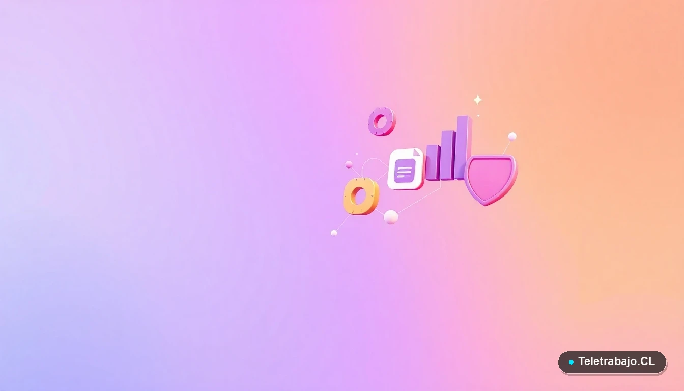 Iconos abstractos de interfaz de usuario: gráfico, engranaje, carpeta y escudo, en colores lavanda y durazno, representando la gestión y protección del Seguro de Cesantía en Chile.