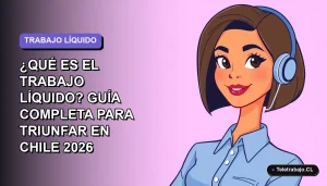 Ilustración vectorial plana de una mujer profesional chilena con blusa azul, representando el trabajo líquido y remoto en un entorno digital moderno, fondo degradado lavanda.