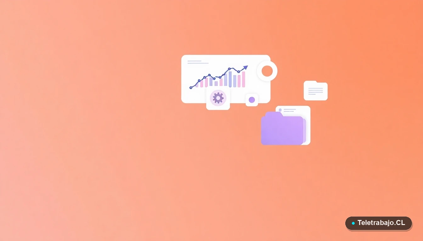 Interfaz de usuario abstracta con gráficos flotantes y engranajes estilizados, concepto visual de tecnología y datos para el trabajo líquido, fondo degradado melocotón.