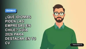 Ilustración vectorial plana de un trabajador remoto masculino con suéter verde, representando el dominio de idiomas para el CV en el mercado laboral chileno 2026.