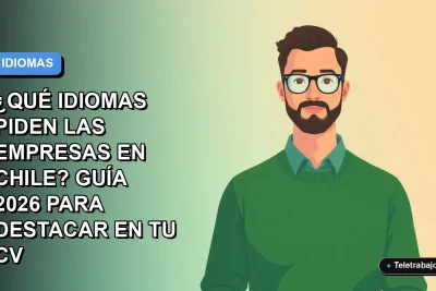 Ilustración vectorial plana de un trabajador remoto masculino con suéter verde, representando el dominio de idiomas para el CV en el mercado laboral chileno 2026.