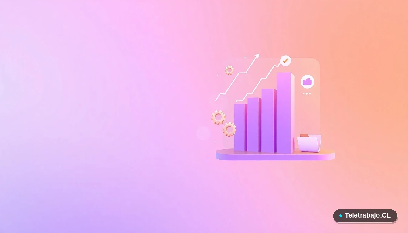 Composición abstracta de interfaz de usuario con gráficos, engranajes y carpetas flotantes, representando el análisis de datos de idiomas para el ámbito profesional.