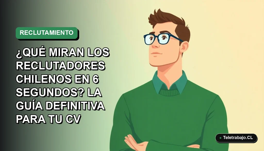 Ilustración vectorial plana de un reclutador chileno revisando un currículum en solo 6 segundos, estilo Corporate Memphis, fondo degradado.