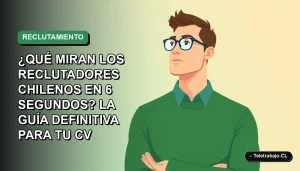 Ilustración vectorial plana de un reclutador chileno revisando un currículum en solo 6 segundos, estilo Corporate Memphis, fondo degradado.