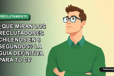 Ilustración vectorial plana de un reclutador chileno revisando un currículum en solo 6 segundos, estilo Corporate Memphis, fondo degradado.