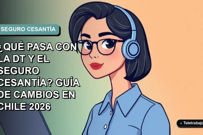 Ilustración plana corporativa de una trabajadora chilena con blusa azul, sobre fondo degradado turquesa, representando cambios en el seguro de desempleo.