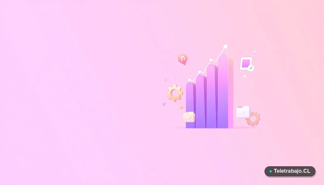 Composición abstracta de interfaz de usuario con gráficos, engranajes y carpetas flotantes sobre fondo degradado lila, concepto de cambios tecnológicos en regulaciones laborales.