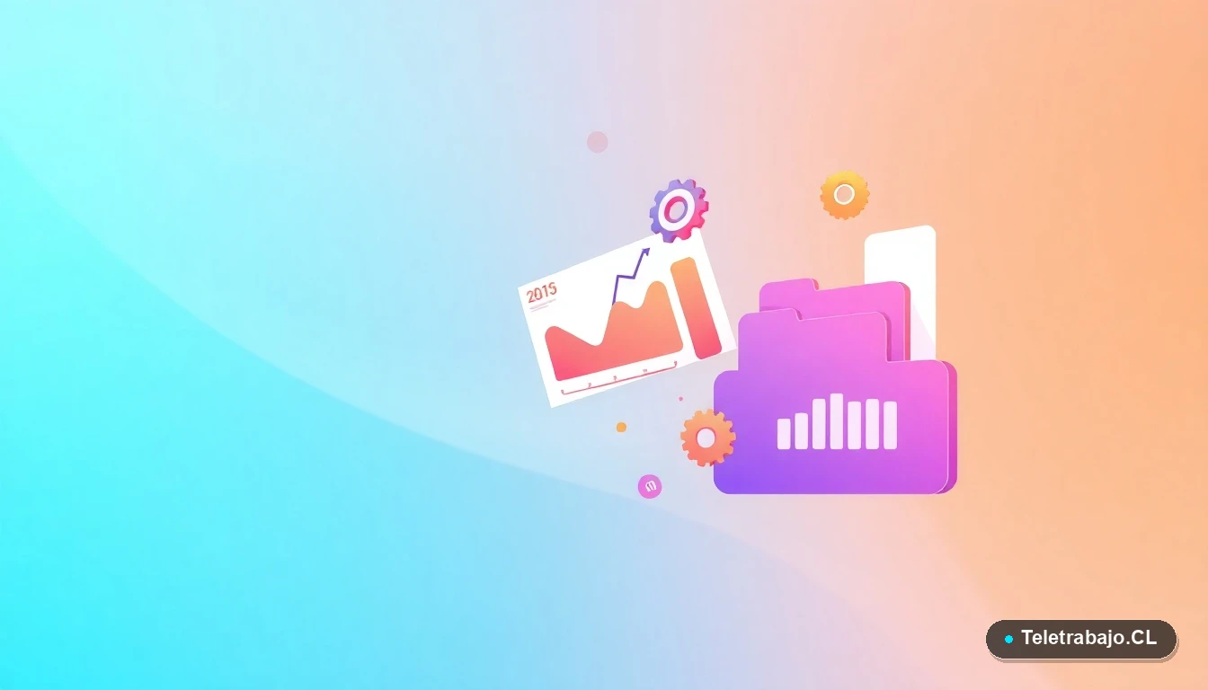 Composición abstracta de interfaz de usuario con gráficos flotantes y iconos de carpeta, estilo vectorial plano, sobre fondo degradado de menta a verde azulado. Representación visual de procesos laborales y legales.